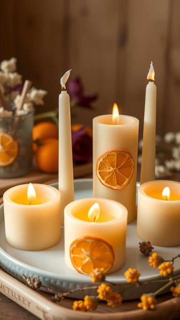 Beeswax pillar candles with dried citrus slices