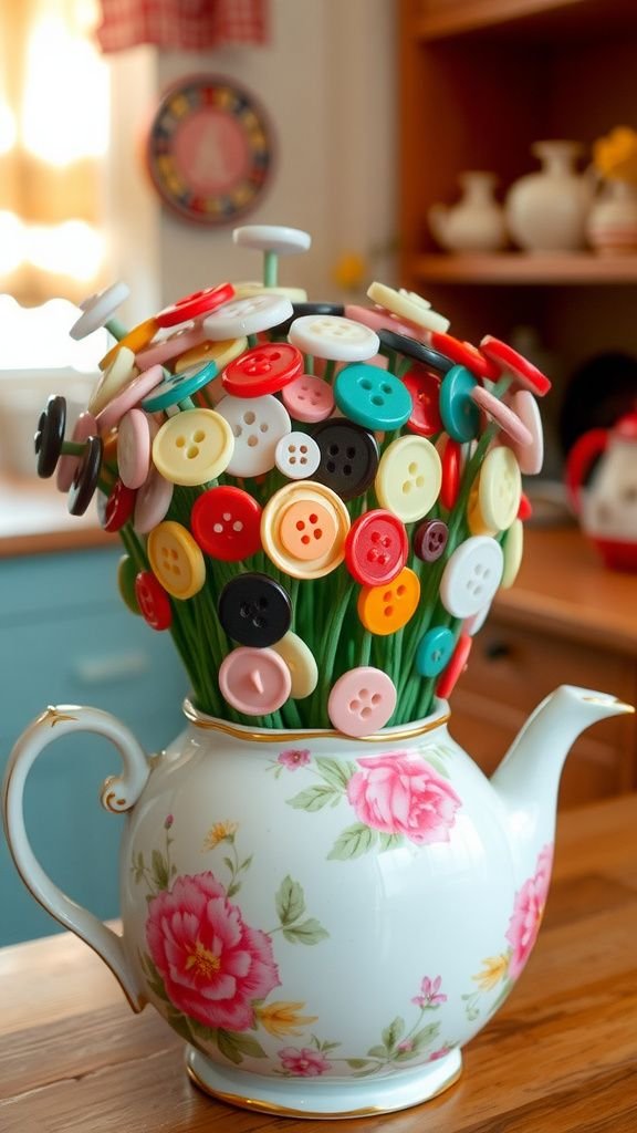 Button bouquet arranged in vintage teapot vase
