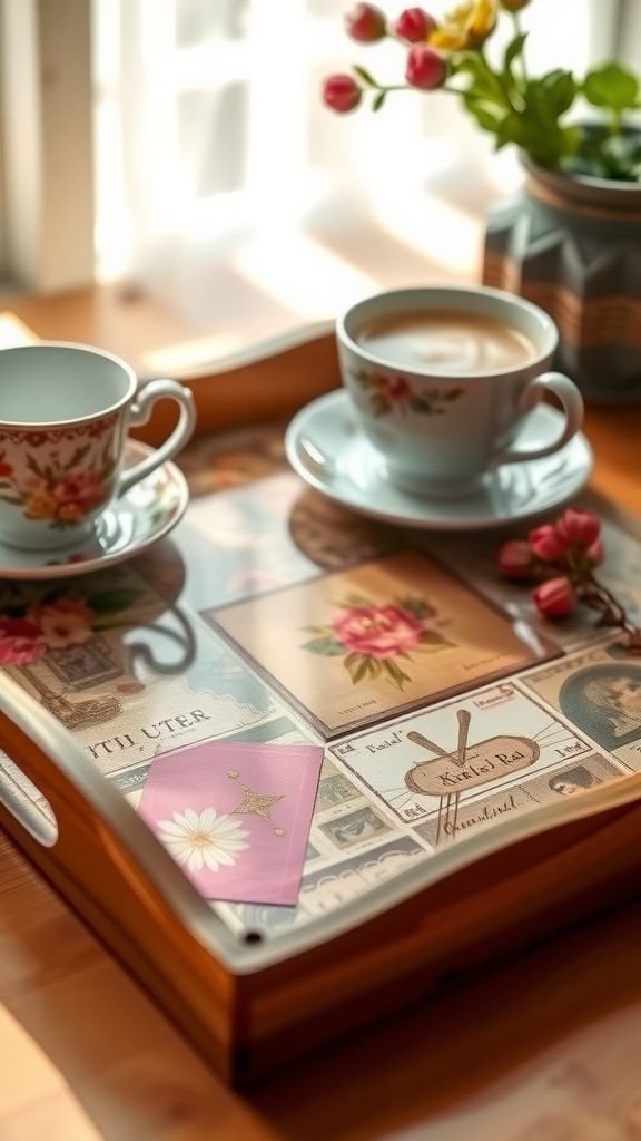 Decoupage wooden tray with vintage paper cutouts