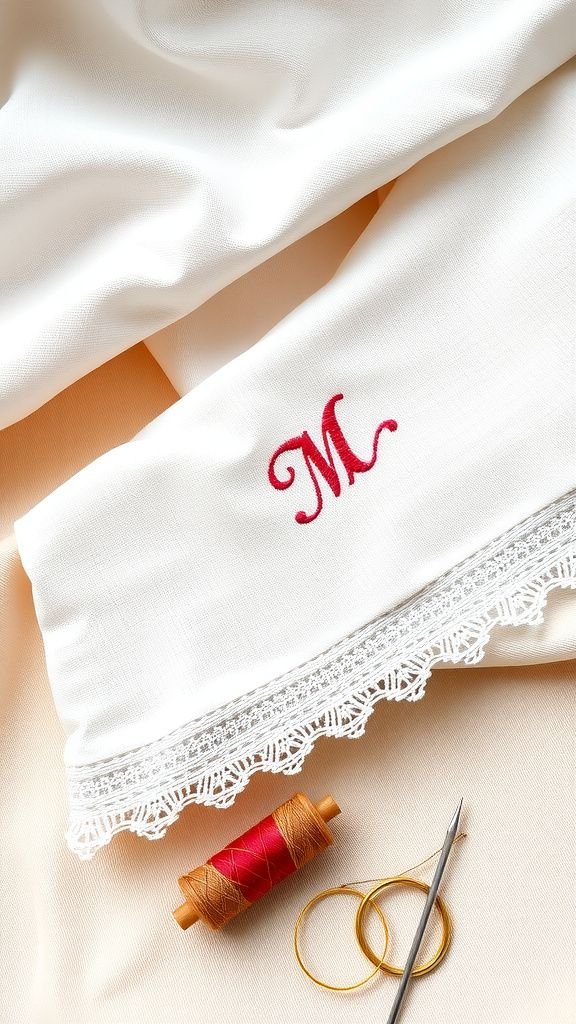 Delicate embroidered linen handkerchief with initials