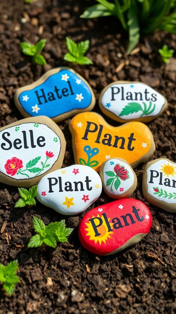 Hand-painted garden marker stones with playful fonts