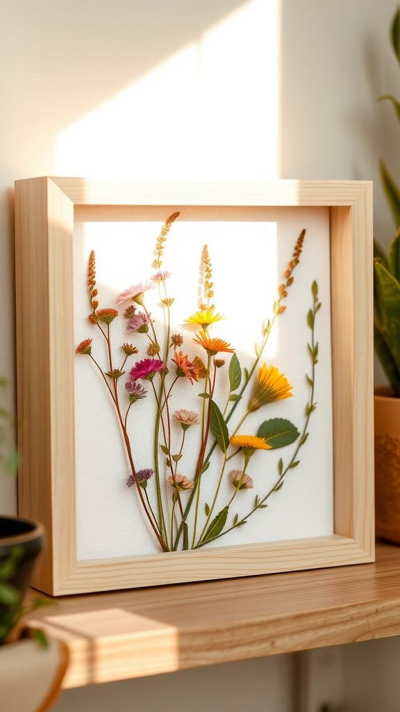 Pressed wildflower shadow box for a sunlit shelf