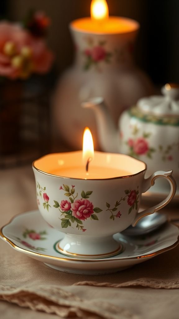 Soy candle poured into a vintage teacup